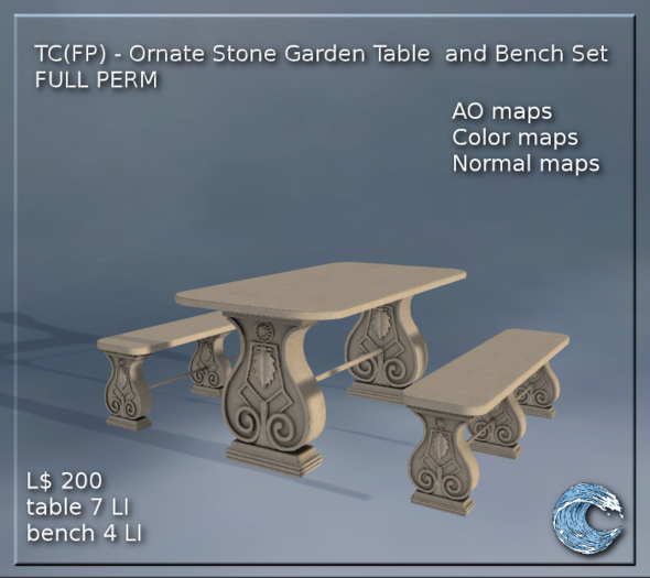Second Life Marketplace TC(FP) Ornate Stone Garden Table and Bench